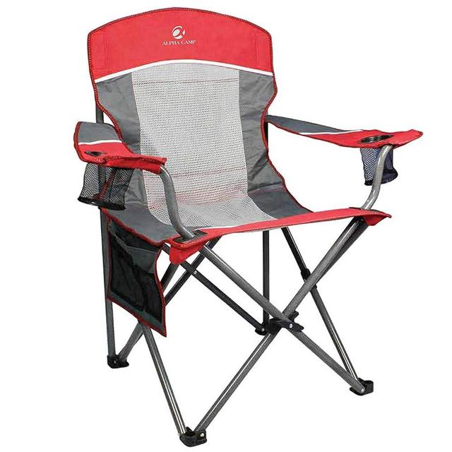 ALPHA CAMP Oversized Mesh Back Camping Folding Chair Heavy Duty Support 350 LBS Collapsible Steel Frame Quad Chair Padded Arm Chair with Cup Holder Portable for Outdoor