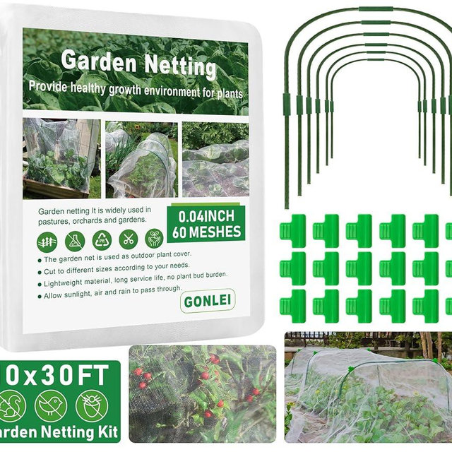 GonLei 10x30FT Garden Mesh Netting Kit Raised Beds (6 Pcs Garden Hoops & 18 Clips) Garden Hoops Plant Row Covers Netting Protection Berry Bush Trees Grass Seed Barrier Net
