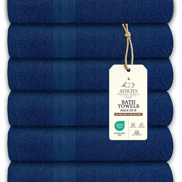 ASTILTEX Bath Towels Pack of 6 – 24x48 Inches – Soft, Quick Dry & Highly Absorbent – 100% Cotton Towels for Bathroom, Spa, Gym & Hotel – Navy Blue