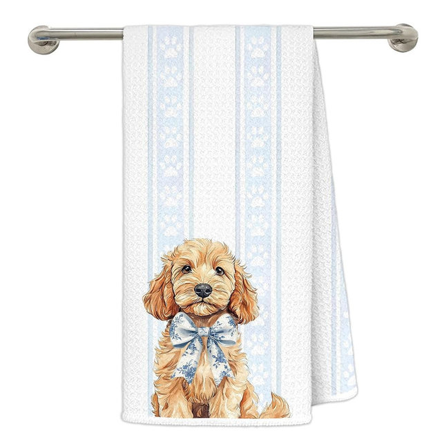 MKIJUHB Coquette Blue Chinoiserie Bow Goldendoodle Kitchen Dish Towels, Golden Doodle Gifts Women, Trendy Blue Paw Print Striped Decorative Hand Tea Towels for Bathroom, Dog Bathroom Decor, 16x24 Inch