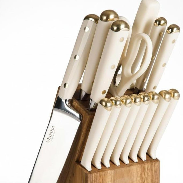 Martha Stewart 16 Piece Lockton High Carbon Stainless Steel Cutlery Kitchen Knife Block Set W/ABS Tripe Riveted Forged Handle Acacia Wood Block - Linen White W/Gold