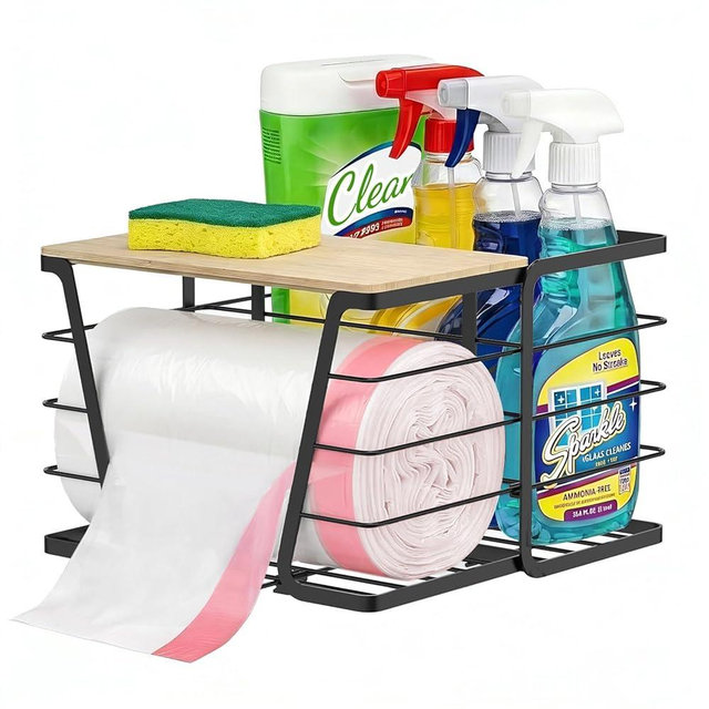 2 in 1 Trash Bag Dispenser Under Sink, Large Garbage Bag Roll Holder with Bamboo Lid, Fits 13/30/33 Gal Bags, Open Back Storage for Tall Bottles, for Kitchen Cabinet, Bathroom, Laundry Room(Black)