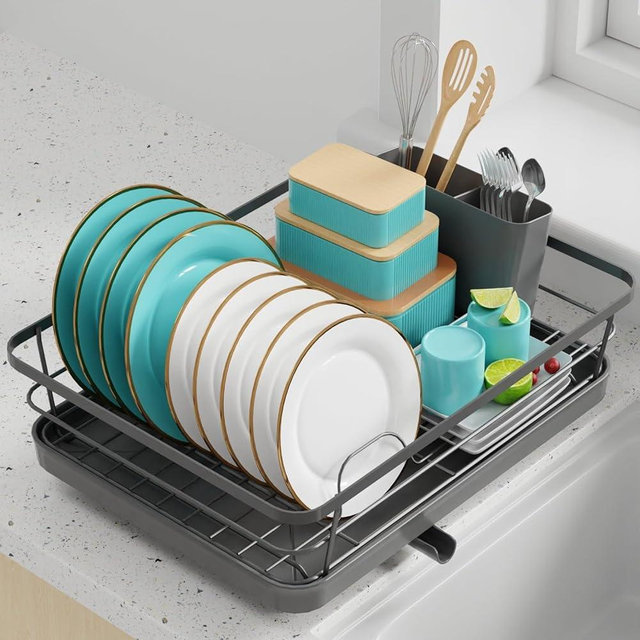 Sakugi Dish Drying Rack - Stainless Steel Dish Rack with Drainboard for Kitchen Counter and Sink, 12.0''W x 15.6''L, Gray