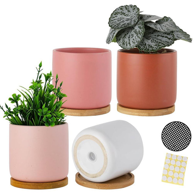 4 Inch Ceramic Plant Pots with Drainage Holes and Trays, Adorable Small Cylinder Flower Planter Pot with Saucers for Indoor Plants, Succulent, Snake Plants, Cactus & Herbs, Multicolor, Set of 4