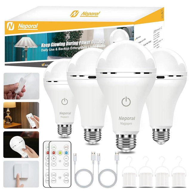 MagixPro Remote Rechargeable Light Bulbs, USB & Socket Charging, 1800mAh Battery, Dimmable LED Bulb for Hardwired & Non-wired Lamps Sconces, Touch + Remote Control, Wall Switch Compatible, 4PK