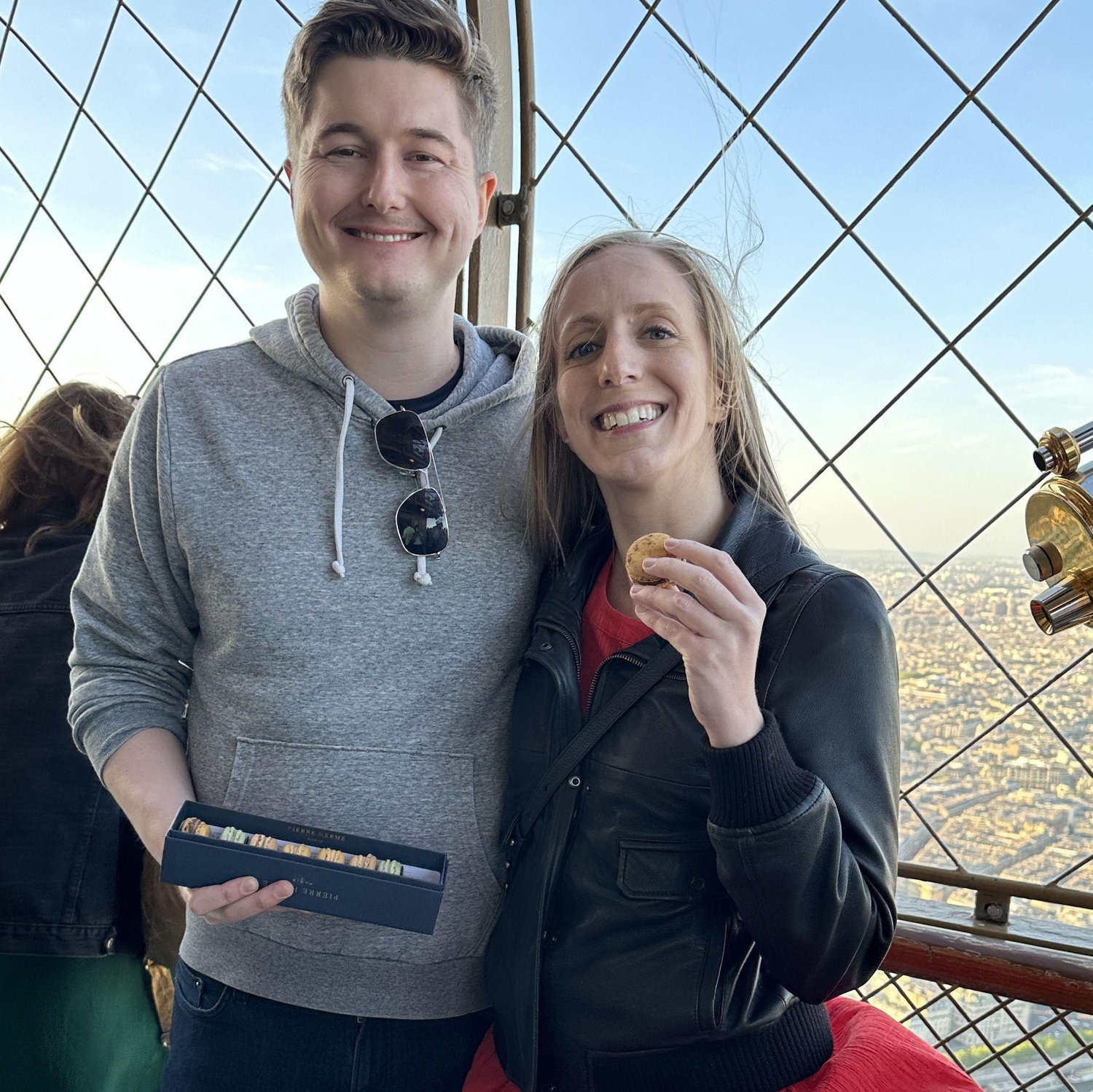 Macarons on top of the Eiffel Tower - a bit windy! (May 2023)