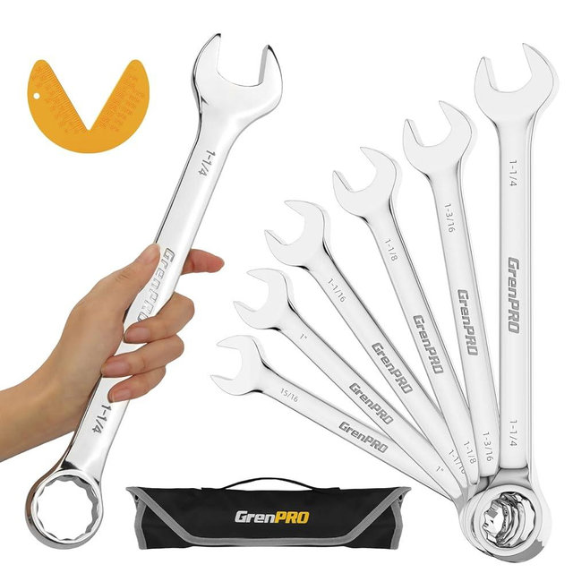 GRENPRO SAE Wrench Set, Large Wrench Set, 7-Piece 15/16", 1", 1-1/16", 1-1/8", 1-3/16", 1-1/4" Long Big Open End Wrench Tools Set Roll Up Pouch Organizer with Gauge, 12 Point Combination Wrenches Sets