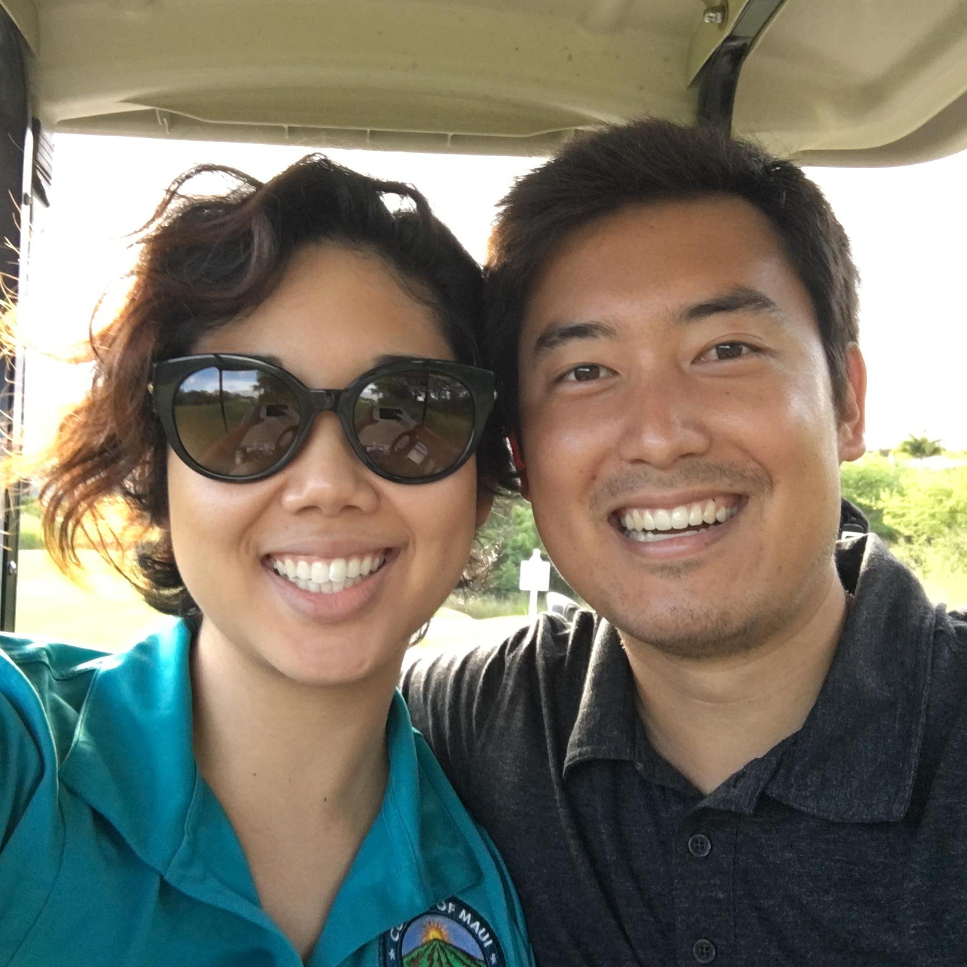 Sugi loves golf. Sara likes to drive golf carts.