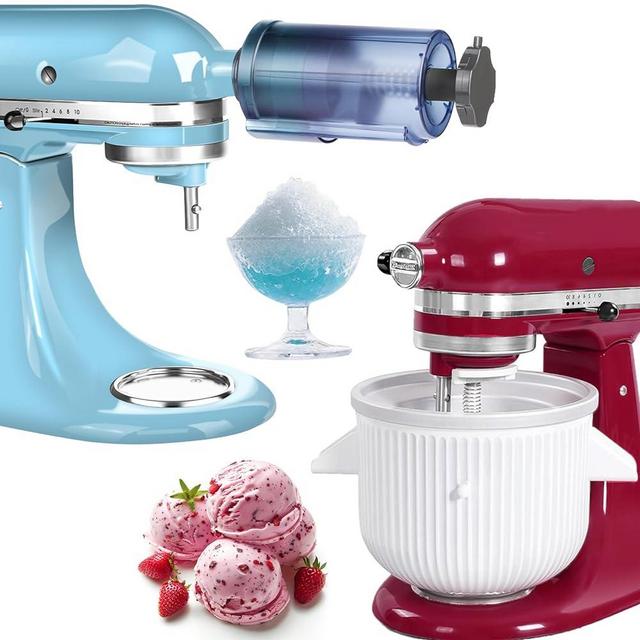 Ice Cream Maker&Shaved Ice Attachment for Kitchen aid Mixer, Kitchenaid Accessories Set Includes Shaved Ice Machine with 8 Ice Molds and Ice Cream Sorbet Gelato Maker for 4.5Qt & Larger Stand Mixers