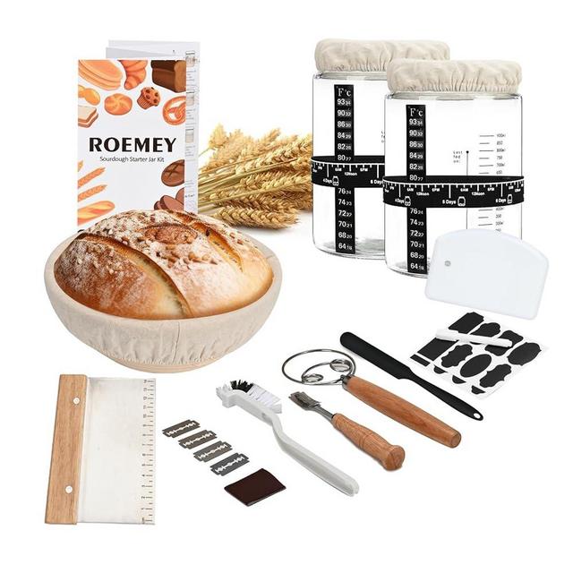 Roemey2 pack 1000ml Sourdough Starter Kit, Sourdough Starter Jar with 9 inch Round Bread Proofing Basket, for Bread Making Baking Fermentation