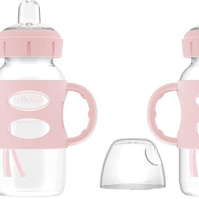 Dr. Brown's Milestones Wide-Neck Sippy Spout Bottle with 100% Silicone Handles, Easy-Grip Handles with Soft Sippy Spout, 9oz/270mL, Light-Pink, 2-Pack, 6m+