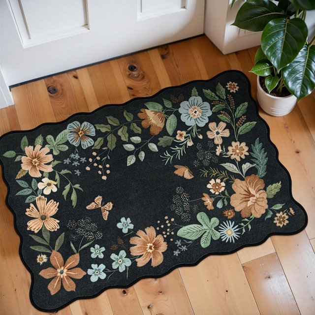 Lahome Floral Washable Entryway Rug, 2X3 Soft Kitchen Rugs Non-Slip, Ultra-Thin Door Mat Indoor Entrance Stain Resistant Boho Small Throw Carpet for Bathroom Bedroom Entry, Black/Grey
