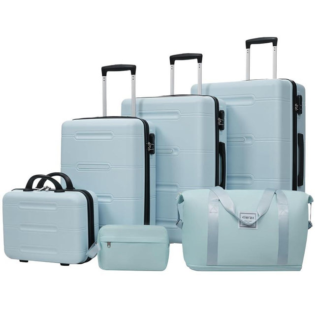 Merax Luggage Set,6 Piece Suitcase with Bags,Lightweight 14/20IN Carry on Luggage Airplane Approved,24/28IN Hardside Suitcase with Double Spinner Wheels Handle Password Lock,Light Blue