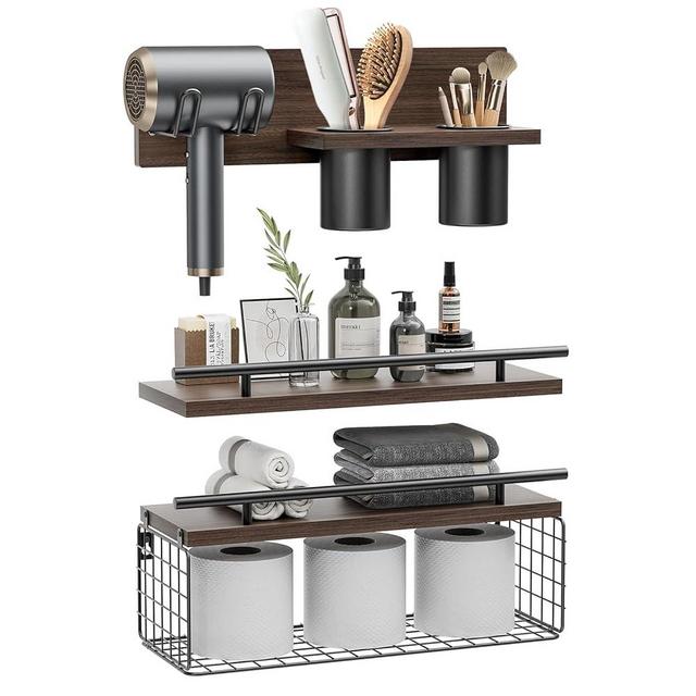 Bathroom Floating Shelves with Hair Dryer Holder - Wall Mounted Wood Wall Shelf with Blow Dryer Storage Over The Toilet - Set of 3 Rustic Brown Farmhouse Decor