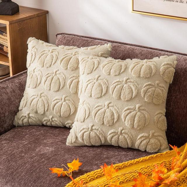 COSIBONO Beige Pumpkin Fall Decorative Throw Pillow Covers 18"x18", Set of 2 Soft Faux Fur Pillow Covers for Autumn Harvest, Fluffy Plush Accent Pillow Cases for Farmhouse Couch Cushion Covers
