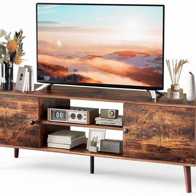 Sweetcrispy TV Stand for 55 60 inch TV, Modern Mid Century Entertainment Center with Storage, Media Console Table 2 Cabinet, Soft Hinge, Handle Door, Wooden Living Room, Office Furniture, Retro Brown