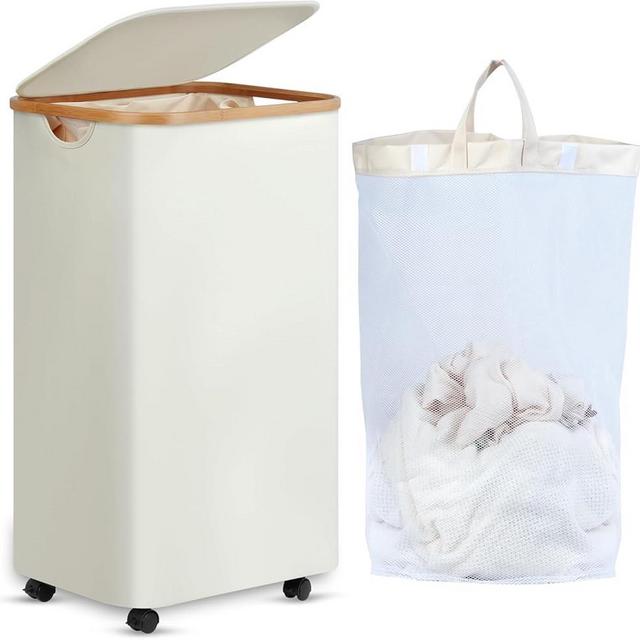 efluky Laundry Basket with Wheels, Rolling Laundry Basket with Lid and Removable Bag, Dirty Clothes Basket with Wheels for Laundry Room, Bedroom & Bathroom, 100L (26.4 Gallon) Beige