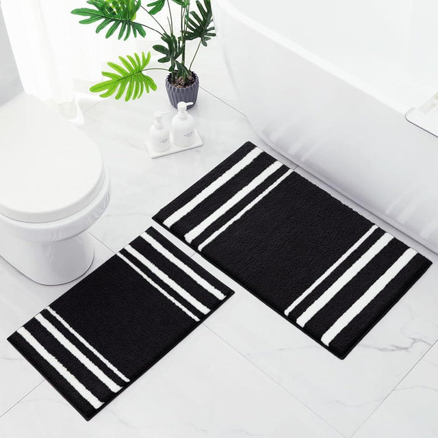 HOMEIDEAS Bathroom Rug Set 2 Piece, Striped Super Absorbent Soft Microfiber Non-Slip Washable Bath Mats for Shower and Tub (Black)