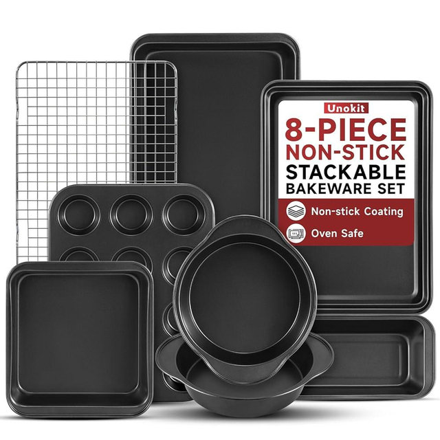 Unokit 8-Piece Nonstick Baking Pans Set - Stainless Steel Bakeware Set for Cooking, Stackable Trays with Cookie Sheets, Muffin, Cake, Loaf, Round & Square Pan and Cooling Rack, Dishwasher & Oven Safe