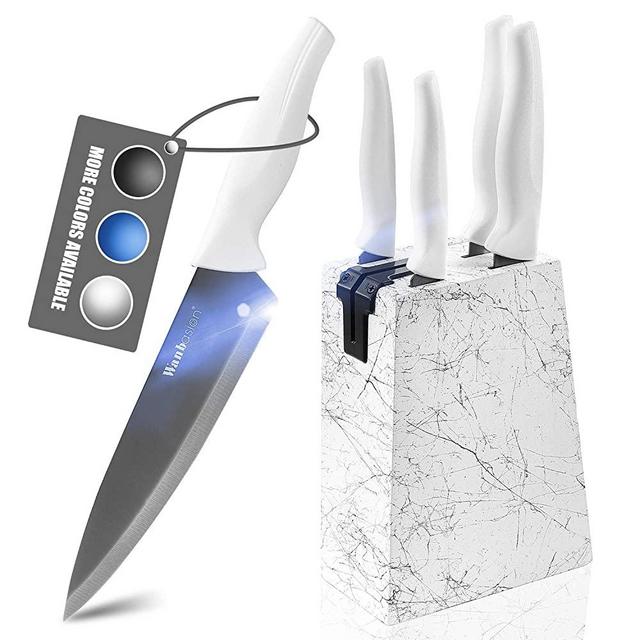 Wanbasion Marbling White Kitchen Knife Set Block, Kitchen Knife Set Block Wood, Professional Kitchen Knife Set Block with Knife Sharpener
