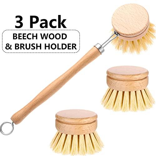 Classic Dish Washing Brush Natural Scrub Brush with 2 Pieces Beechwood Replacement Brush Heads Replacement Brush Refill for Kitchen Room Cleaning Supplies