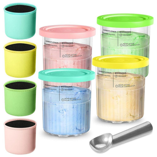 Containers Replacement for Ninja Creami Pints and Lids, 24oz Ice Cream Cups Compatible with Ninja Creami NC500 NC501 Series Ice Cream Maker, for Creami Ninja Ice Cream with Insulated Sleeves(4 Pack)