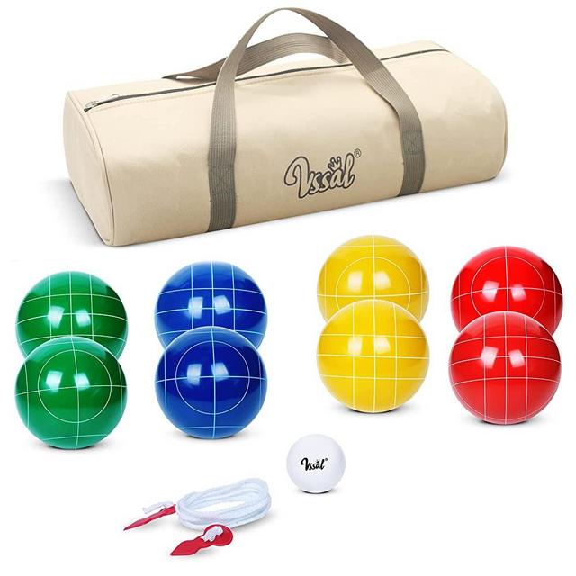 VSSAL Bocce Ball Set 90/100/107mm for Backyard Lawn Beach Outdoor Family Bocci Yard Game for Kids, Set of 8 Polyresin Bochie Balls, 1 Pallino, Carrying Bag, Measuring Rope (Multi Colors, 2-8 Players)