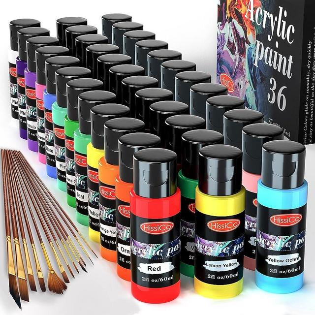 Acrylic Paint Set of 36 Colors 2fl oz 60ml Bottles with 12 Brushes,Non Toxic 36 Colors Acrylic Paint No Fading Rich Pigment for Kids Adults Artists Canvas Crafts Wood Painting