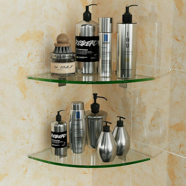 Bakzon 2-Pack Glass Corner Shower Shelves, Shower Wall Shelves for Inside Shower, Drill Free Shower Caddy Organizer with Aluminum Brackets for Bathroom