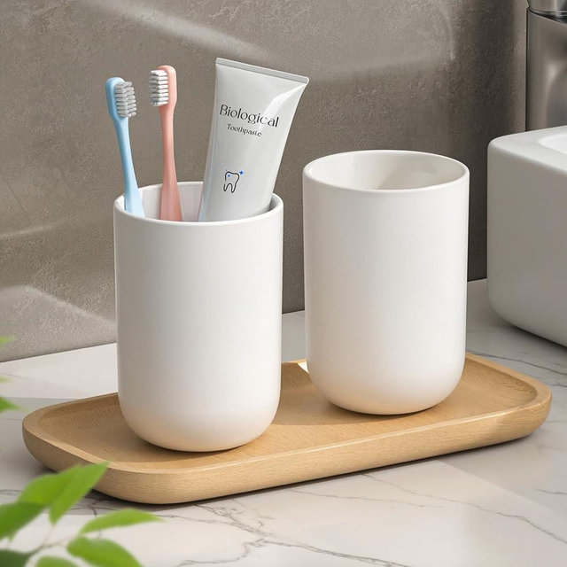 Toothbrush Cup 13oz Reusable Unbreakable Bathroom Tumbler 2 PCS, Easy to Clean Plastic Bathroom Cup Toothbrush Holders for Bathrooms Counter Organizer