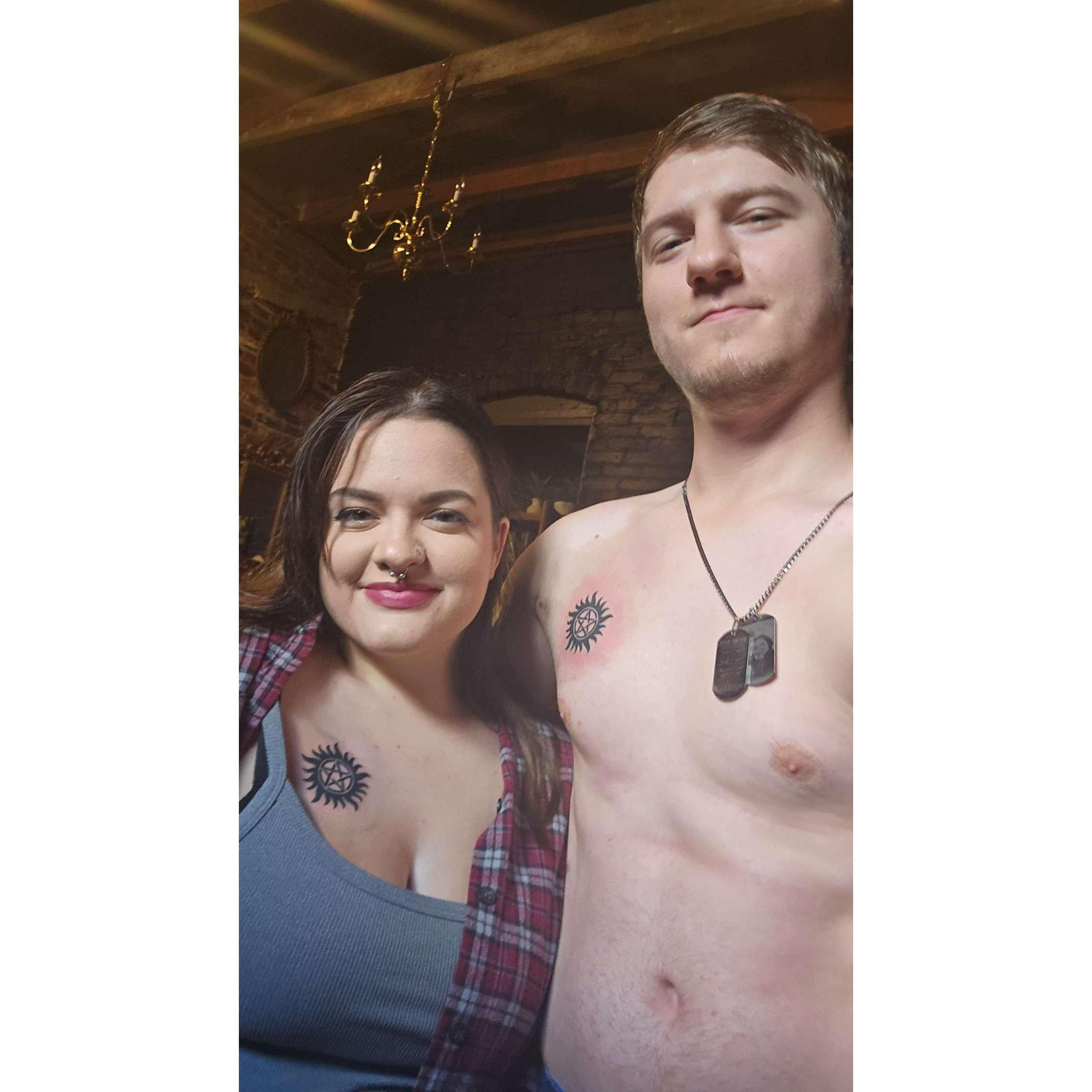 Elana and Gage are both fans of Supernatural! (Elana got him to watch SPN). Both of them wanted the tattoo from the show and got it together!