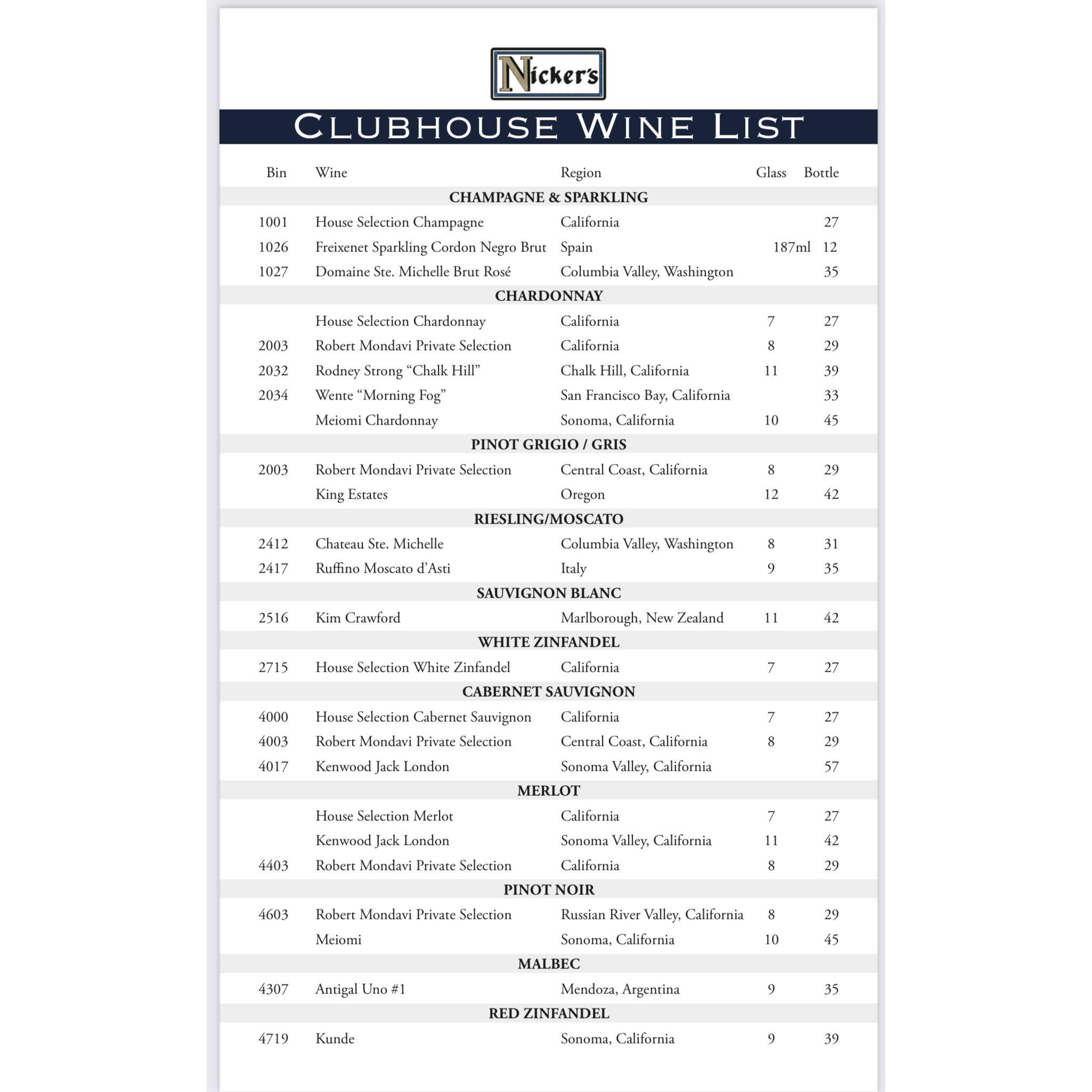 Nickers drink menu 