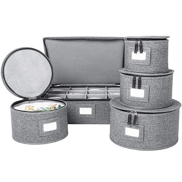 China Storage Set, Hard Shell and Stackable Dish Storage, Protects Plates Cups and Mugs, Felt Plate Dividers Included