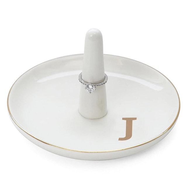 HOME SMILE Initials Ring Holder Jewery Tray with personalized J-Monogrammed Engagement Gifts for Friends,Birthday Mother's Day Christmas Gifts for Women,Ceramic White