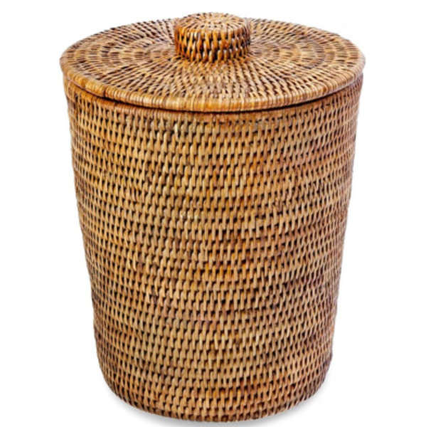KOUBOO La Jolla Rattan Round Waste Basket With Lid & Plastic Insert, 2 Gallon Woven Wastebasket for Bathroom, Kitchen, Office, Living Room, & Home Decor, Honey Brown
