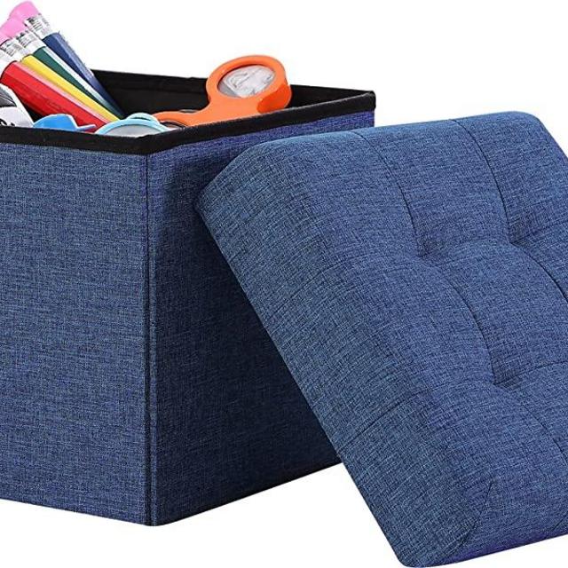 Ornavo Home Foldable Tufted Linen Storage Ottoman Square Cube Foot Rest Stool/Seat - 15" x 15" x 15" (Navy)