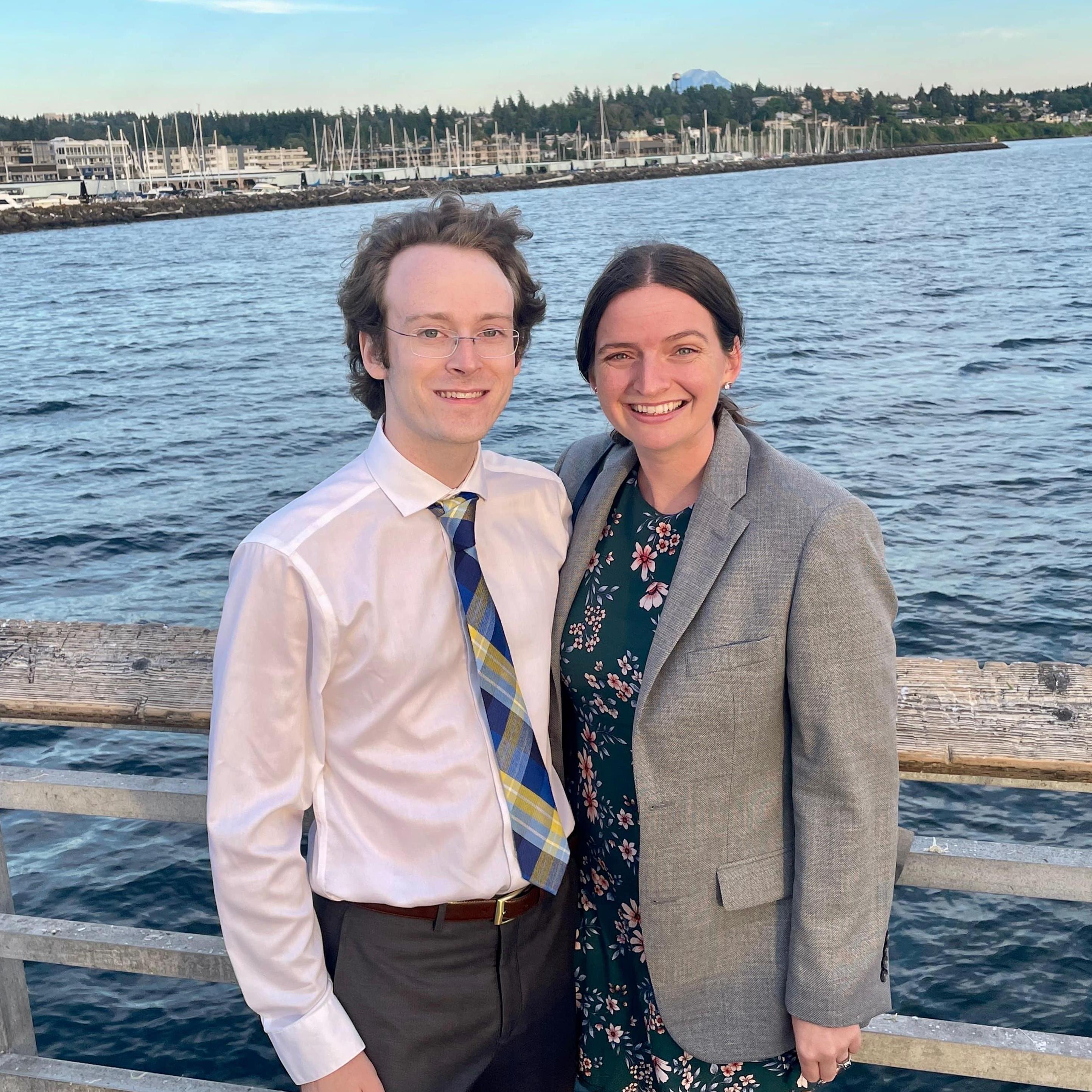 After a fancy dinner in Seattle. Note Allen's favorite volcano in the background.