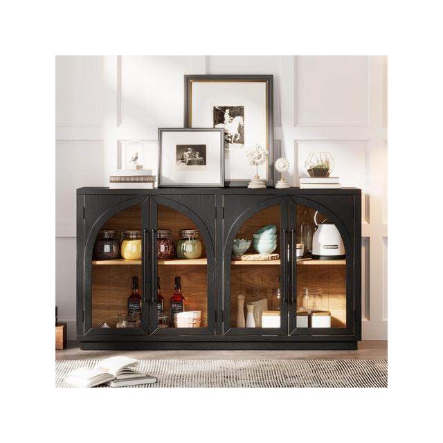 Black Storage Buffet Cabinet with Glass Doors Arched Design and Adjustable Shelves Distressed Wood Cabinet with 4 Doors -Maison Boucle