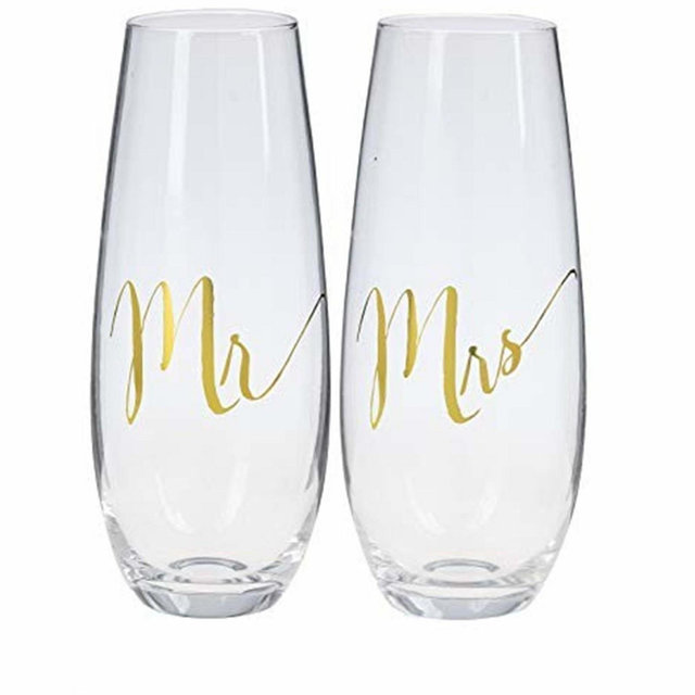 Ganz Mr. and Mrs. Stemless Champagne Flute Set, 2 Piece, Gold Foil Wedding Glasses, Gift Boxed