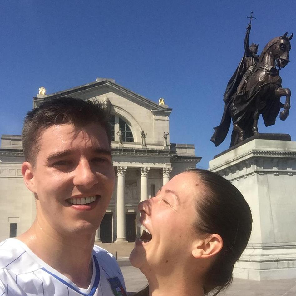 Post Engagement in front of the statue of St. Louis outside the Art Museum