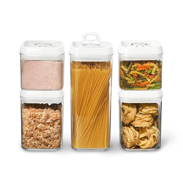 Felli Flip Tite LARGE Airtight Food Storage Container with Lids Easy Sealed Mechanism, Pantry Organizer Kitchen Organization Jar Canister Organizing Rice, Sugar, Flour (XL 5PC Variety Set, White Lids)