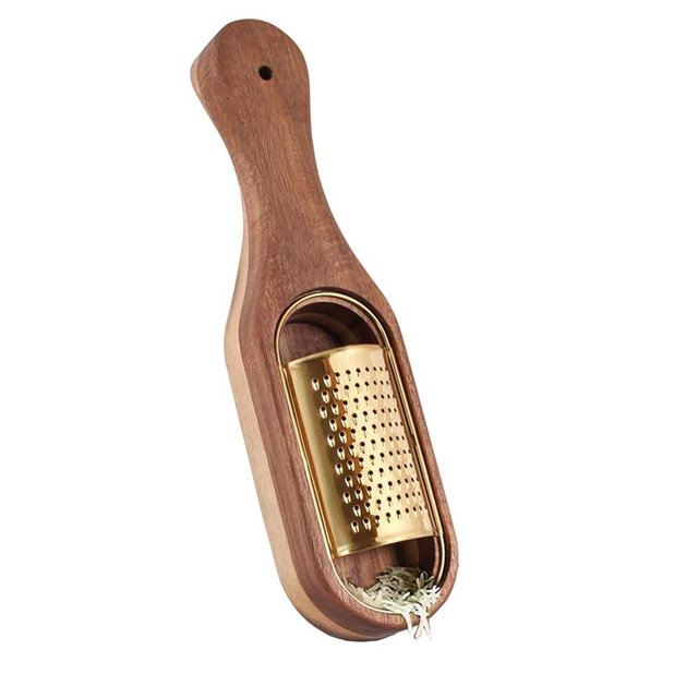 Box Cheese Grater With Container Stainless Steel Parmesan Cheese Grater With Wood Handle Shredder Zester Grater Box Kitchen Handheld Cheese Spoon Grater-Gold Colour (With Handle)