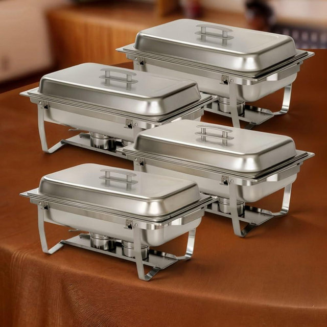 Alpha Living 4 Pack Chafing Dish Full Set – Stainless Steel Catering Chafer with Lids, Pans & Fuel Holders – Buffet Food Warmers for Parties, Events & Weddings (Rolled Edges)