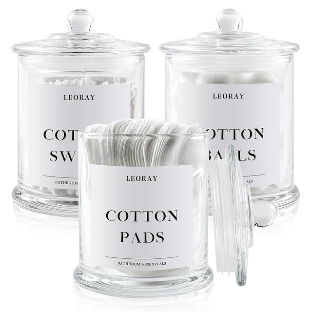LEORAY 3 Pack Glass Qtip Holder Dispenser with Lids, Airtight Waterproof Apothecary Jars, 16 Oz Vanity Organizer Bathroom Canisters for Cotton Swabs, Balls, Pads, Floss Picks, Transparent