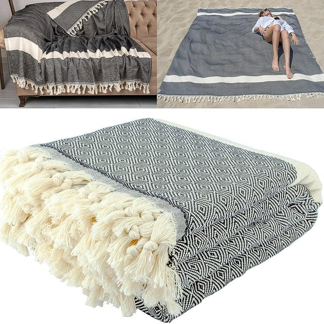 DEMMEX 90x82 Inches XXXL Turkish Cotton Multipurpose Blanket, Throw Blanket Bedspread, Beach Picnic Blanket, 100% Turkish Cotton, Diamond Weave, Made in Turkey, 3lb (Black)