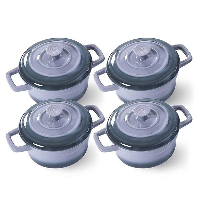 14 oz Mini Cocotte with Lid, Lareina Small Ceramic Round Casseroles Dish with Handles and Cover, Cute Stoneware Individual Severing Pot, Set of 4, Gray