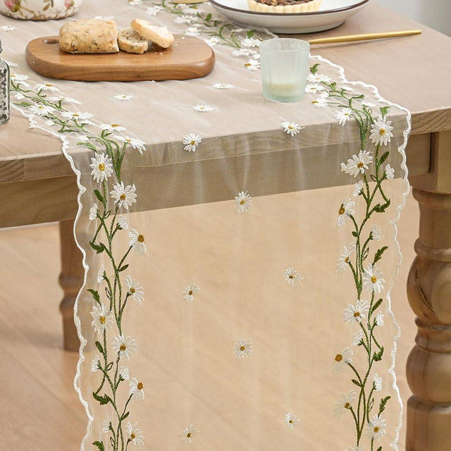 Artoid Mode Daisy Floral Beige Apricot Shaped Gauze Embroidery Table Runner 120 Inch 10FT, Tulle Spring Summer Kitchen Dining Table Decor for Home Party