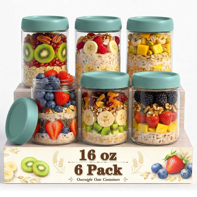 SECLENT Overnight Oats Containers with Lids, Glass Storage Containers with Lids, Wide Mouth Mason Jars 16oz, Suger Bowls, Airtight Glass jars for Chia Pudding, Yogurt, Salad Storage (6 Pack, Green)