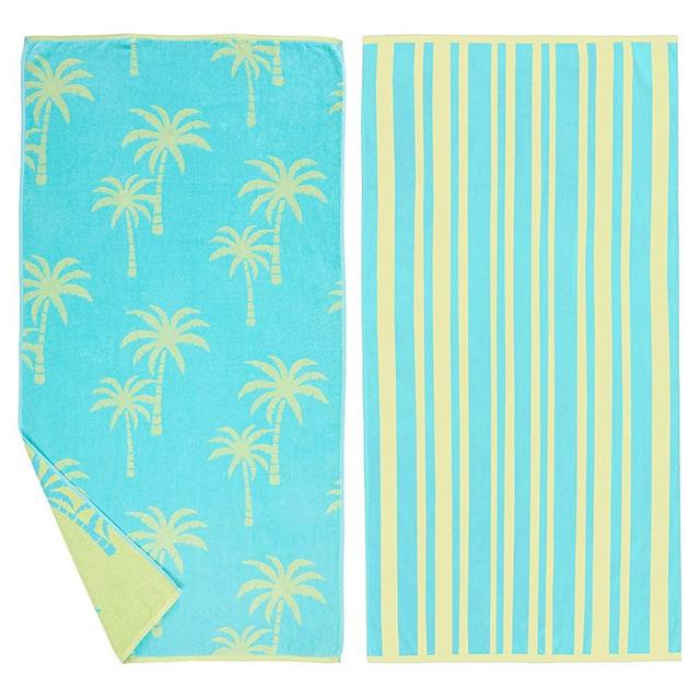 100% Cotton 2-Pack Beach Towel. Soft Absorbent Quick Dry Towel Set. Playa Collection. (30" x 60", Palm Tree Blue / Yellow)