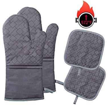 YOUTAI Oven Mitts and Pot Holders, 4PCS Oven Mitts Set, Heat Resistant up to 572 F/300°C Non-Slip Food Grade Kitchen Mitten Silicone Cooking Gloves for Kitchen, BBQ Cooking Baking Grilling